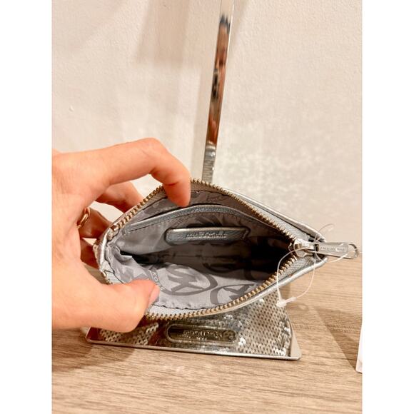 NWT Michael Kors Embellished Sequin Zipper Coin Purse Metallic Silver - Picture 9 of 11